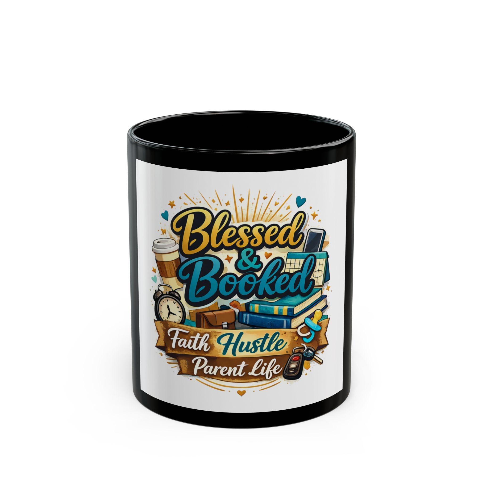 Blessed & Booked Coffee Mug — 'Faith Hustle Parent Life' Black Ceramic Book Lover Mug (11oz/15oz)